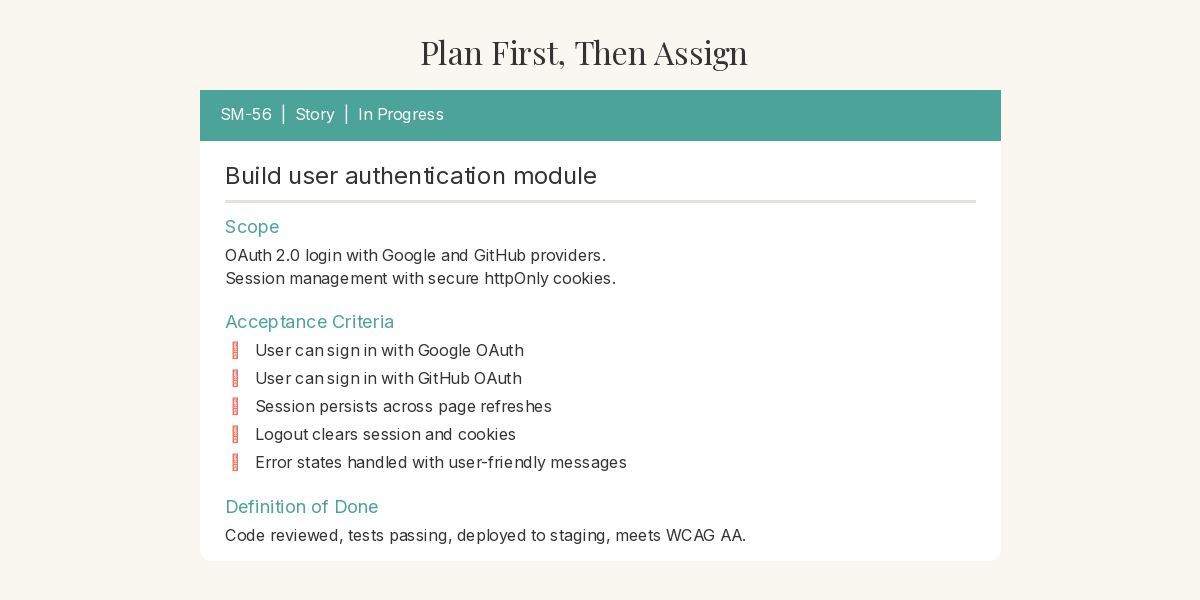 Jira story card with clearly defined scope, context section, and acceptance criteria checklist ready for an AI agent to pick up