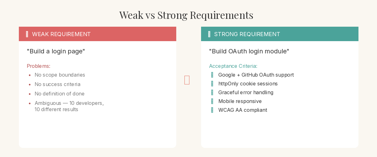 Two requirement cards side by side: a weak requirement saying Build a login page versus a strong requirement with acceptance criteria specifying OAuth support, error handling, and mobile responsiveness